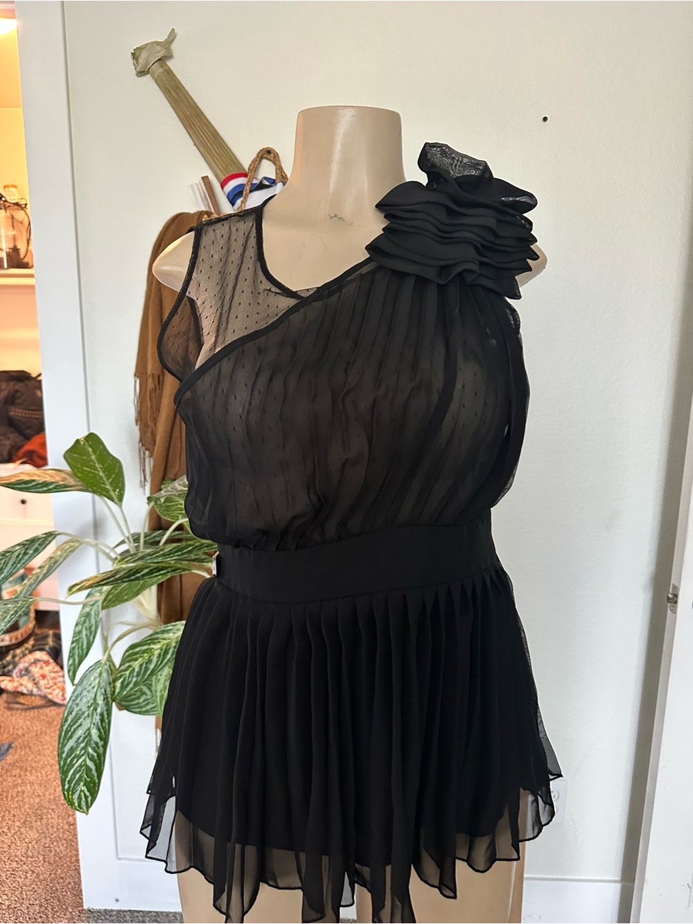 American Rag Black One-Shoulder Pleated Chiffon Blouse with Rosette